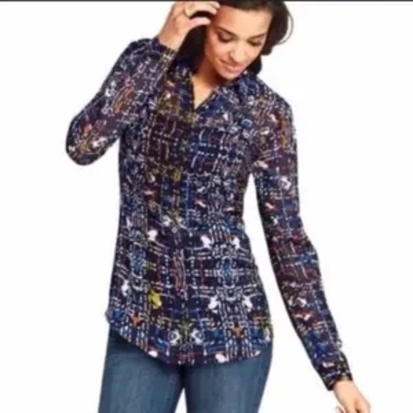Cabi Festival gray white multicolor graphic sheer button down top Large #129 - Picture 1 of 14